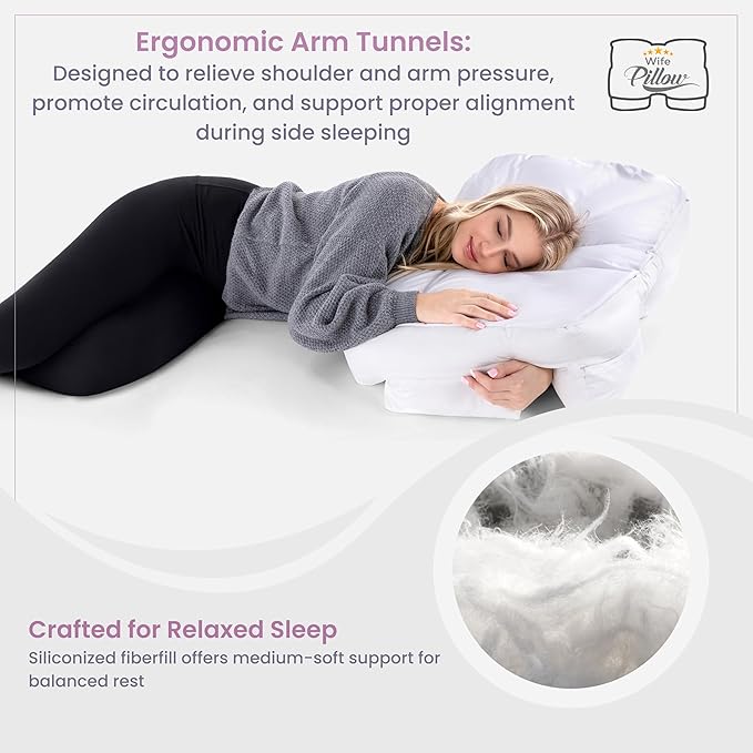 Wife Pillow The Side Sleeper Pillow with Arm Hole for Shoulder Pain - Arm Tunnel Pillow for Side Sleepers, Shoulder Relief & Neck Support Comfort Sleep Pillow for Adults - Down Alternative Fiber Fill