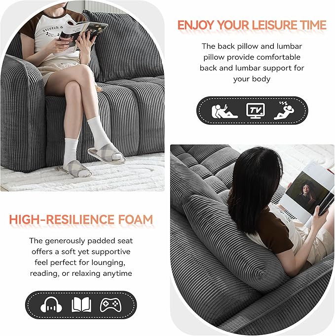 Corduroy Boneless Living Room Sets, Modern Upholstered Loveseat with 2 Signle Sofa Chairs, Comfy Deep Seat Cloud Sofa Couch Sets for Living Room, Grey