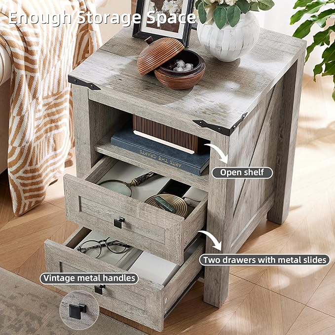 Joaxswe Nightstand with Charging Station and USB Port, Farmhouse Night Stand with 2 Drawers and Shelf Storage, Wooden Side End Table, Bedside Cabinet for Bedroom, Living Room, Closet,Office (Grey)
