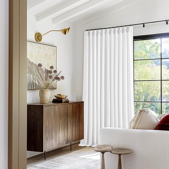 Extra Wide 102 Inch Long Curtains 70 Inch Width Pinch Pleat Linen Curtains for Living Room BedroomLight Filtering Privacy Pleated Hooks Rings Back Tab for Sliding Door White 1 Panel