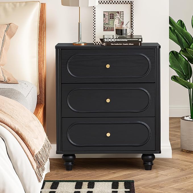 Fluted 3 Drawer Dresser for Bedroom, Modern Mid Century Chest of Drawers, Wood Storage Small Dresser Organizer for Bedroom Living Room Hallway Closet, Black