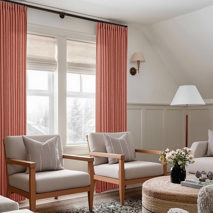 Red Clay Linen Pinch Pleated Curtains 108 Inches Long 2 Panels for Living Room Bedroom Light Filtering Drapes 108 Inch Length Terracotta Autumn Fall Semi Sheer Memory Trained Ceiling Floor Curtain