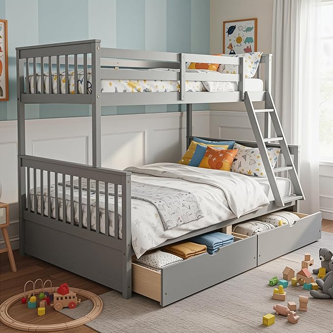 Merax Wood Bunk Bed with Drawers,Convertible Wood Bunk Bed with Ladders and Two Storage Drawers,Solid Wood Detachable Bed Frame with Ladders,Twin Over Full Size,Grey