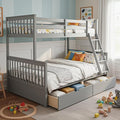 Merax Wood Bunk Bed with Drawers,Convertible Wood Bunk Bed with Ladders and Two Storage Drawers,Solid Wood Detachable Bed Frame with Ladders,Twin Over Full Size,Grey