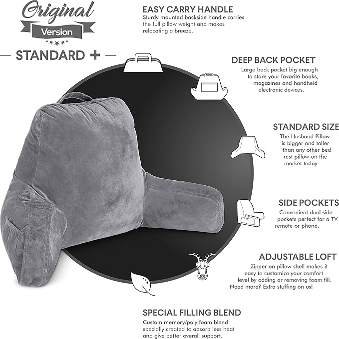 Husband Pillow Dark Grey, Standard+ Original Reading Pillow in Bed Rest Chair, Shredded Memory Foam Large Lounge Cushion Adult Backrest w/Arms, Comfy Back Support for Sit Sitting Up, Removable Cover