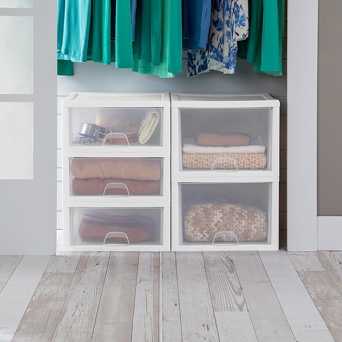 Sterilite 24-Pack 16 Quart Stacking Drawer, Clear Storage Closet Organizer, White Frame - Stackable Modular Plastic Drawers for Clothes, Accessories, Craft Supplies, Shoes or Linens
