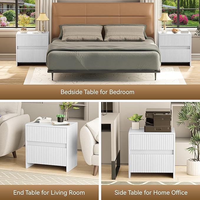 Fluted Nightstand, 23" Wide Bedside Table with 2 Storage Drawers, Modern Night Stand for Bedroom, White