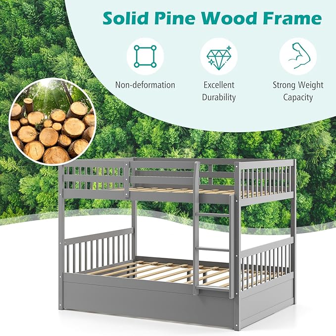 Giantex Full Over Full Bunk Bed with Trundle, Solid Wood Trundle Bed Frame w/Guardrails and Ladder, Convertible to 2 Beds, Full Size Bunk Beds for Adults Kids Teens, No Box Spring Needed, Grey