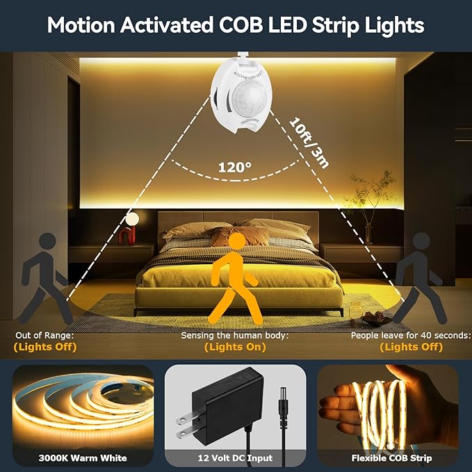 HOUHUI Under Bed Lights Motion Sensor COB LED Strip, 2 x 6.56Ft Warm White Motion Activated LED Light Strip for Bedside, 12V Dimmable Motion Sensor Night Light COB Strip for Under Cabinet Stair Closet