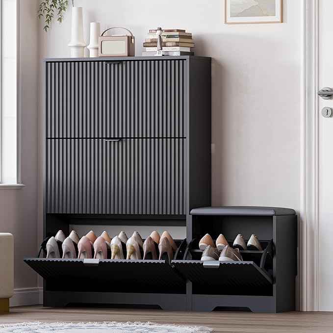 Slim Shoe Cabinet with Bench for Entryway, Hidden Storage and Adjustable Shelves, Free Standing Wooden Shoes Organizer for Hallway, Foyer