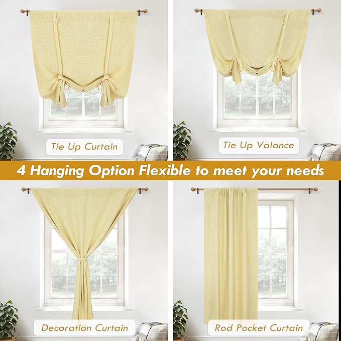DriftAway Double Layer Linen Blackout Tie Up Curtains Thermal Insulated Fully Lined Balloon Roman Shade Bathroom Window Adjustable Rod Pocket for Small Window 45 Inch by 63 Inch Yellow