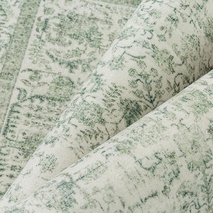 Runner Rug 2x5 Sage Green Hallway Washable Vintage Distressed Kitchen Carpet Non Slip Neutral Low Pile Retro Floral Farmhouse Long Throw Rug Entryway Bathroom Office Laundry Dining Room