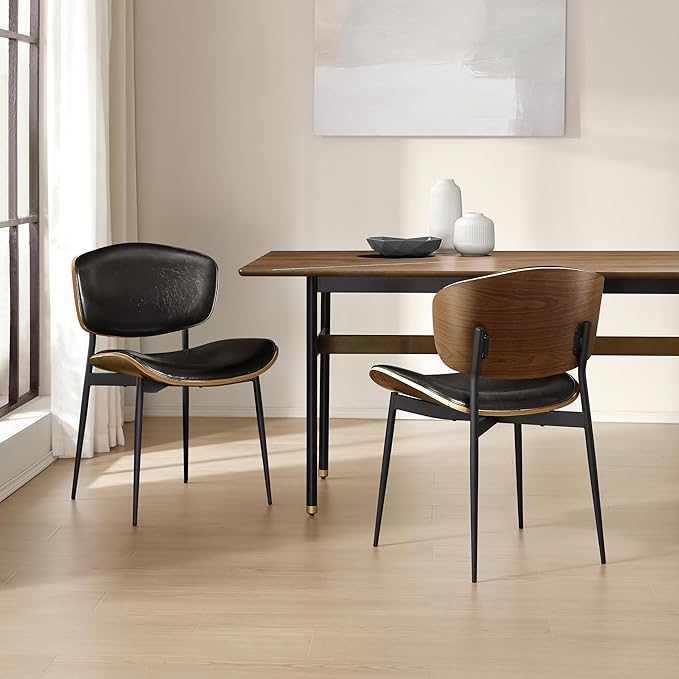 Art Leon Dining Chairs Set of 4, Walnut Bentwood, Mid Century Modern Dining Room Chairs, Faux Leather Upholstered Desk Chair with Black Metal Legs, Black
