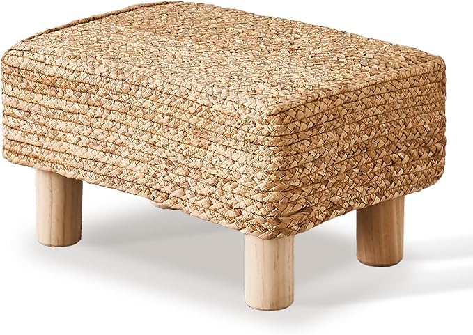 Wimarsbon Natural Seagrass Footstool Ottoman Rectangular Footrest Pouf Ottomans with Wooden Legs Hand Weave Step Stool for Living Room Bedroom Entryway Natural