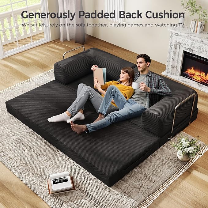 5-in-1 Folding Convertible Sofa Bed with L-Shaped Cylindrical Pillow, Corduroy Boneless Couch, Pull Out Bed, Floor Sofa Modular Futon Couch for Living Room Bedroom Lounge - No Assembly Needed in