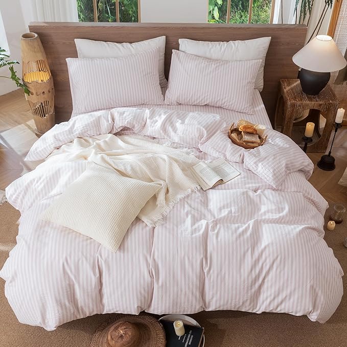 MooMee Striped Duvet Cover Set 100% Washed Cotton Linen Like Textured Breathable Durable Soft Comfy (Heathered Greyish Pink Classic Stripes, Full 80"x90")