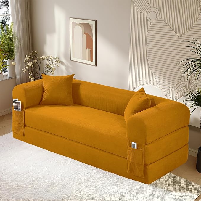 80" Convertible Sofa Bed,Corduroy Folding Sleeper Sofa Bed Queen with Pillows & Storage,Modular Pull Out Couches Boneless Couch for Living Room,Compressed Couch in a Box,Yellow