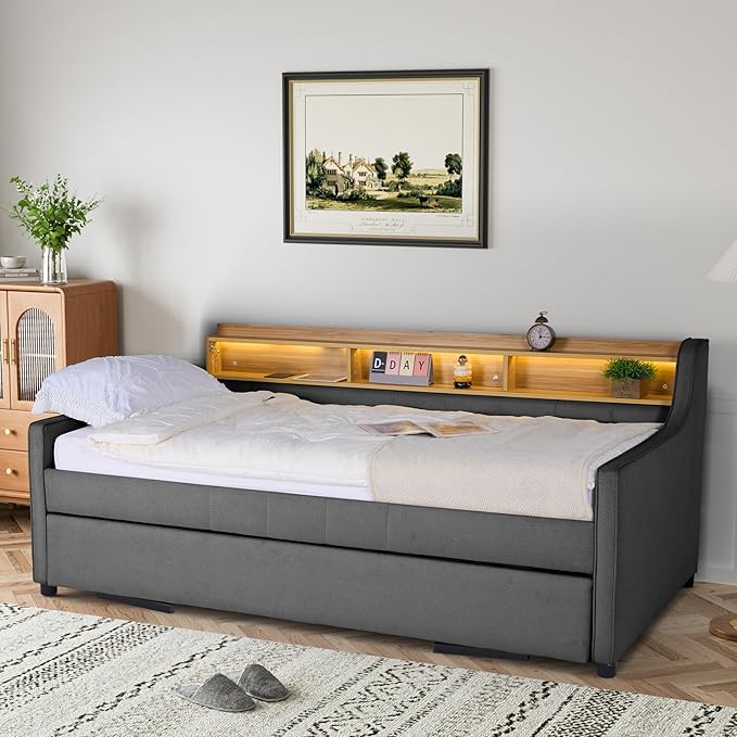 Twin Size Daybed with Pop Up Trundle Bed, Linen Upholstered Day Bed Frame with w/LED/USB/Type C/Storage Headboard, Twin to King Daybed for Living Room Bedroom, No Box Spring Needed, Dark Grey
