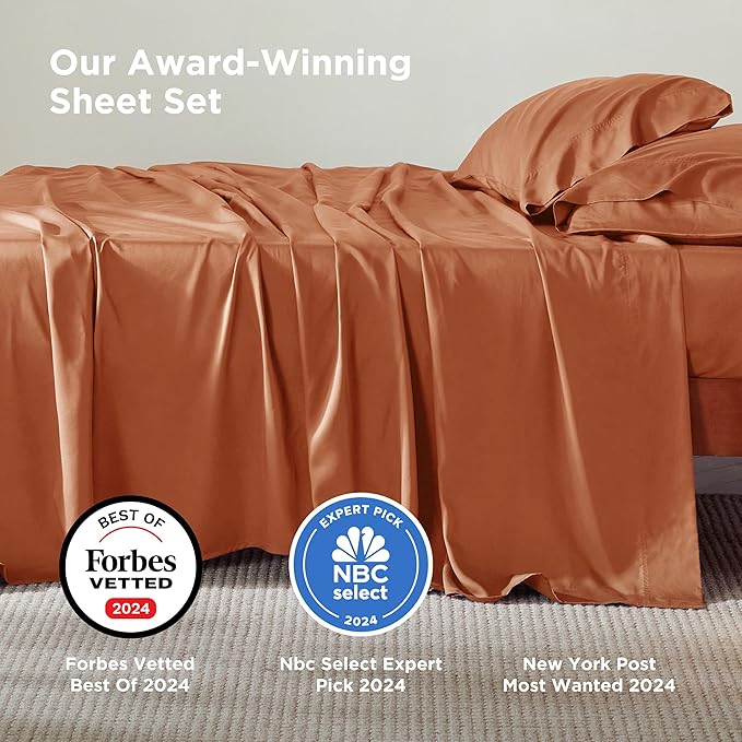 Bedsure Full Size Bed Sheets, Cooling Sheets, Rayon Derived from Bamboo, Breathable & Soft, Deep Pocket Up to 16 Inches, Hotel Luxury Silky Bedding for Hot Sleepers, Burnt Orange