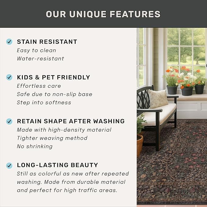 Brown Boho Washable 2x6 Runner Rugs for Hallway, Kitchen,Bedroom Beside, Laundry Room, Bathroom Rug, Pet & Kids Friendly, Non Slip Low Pile Stain Resistant Soft Long Floral 24 x 72 Floor Carpet