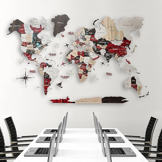 Handmade 3D Wood World Map Wall Art Large Wall Decor Track Your World Travels - Special for Home, Kitchen and Office (Large, Urban)