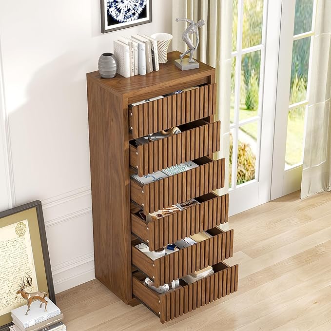 Fluted Tall 6 Drawer Dresser, Mid Century Dresser for Bedroom, 45 Inch Wood Chest of Drawers, Modern Closet Clothes Organizer, Walnut Wooden Storage for Living Room, Brown