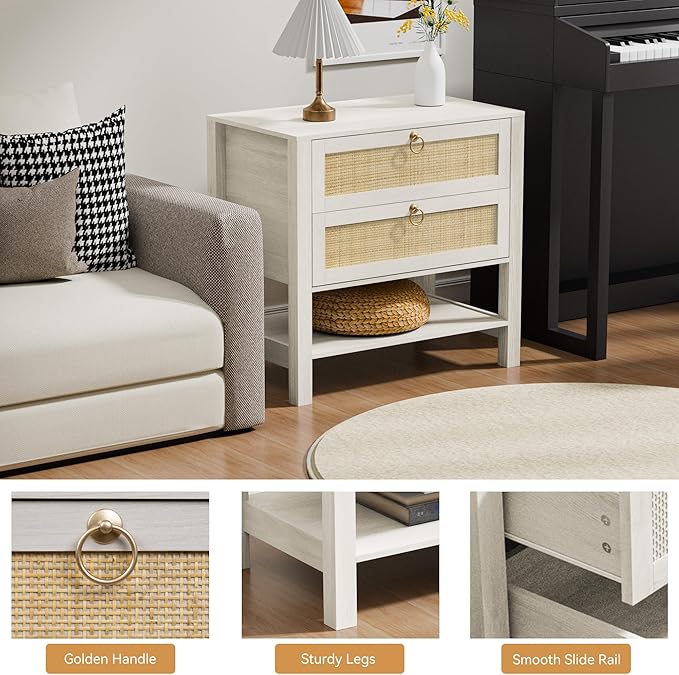 White Nightstand with 2 Drawers and Storage Shelf, 26” Tall Boho Night Stand, Wood Large Bedside Table with Golden Handle for Bedroom, Side Table, White Cream Oak