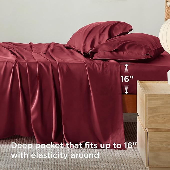Bedsure California King Sheet Sets, Cooling Sheets, Rayon Derived from Bamboo, Breathable & Soft, Deep Pocket Up to 16 Inches, Hotel Luxury Silky Bedding for Hot Sleepers, Burgundy