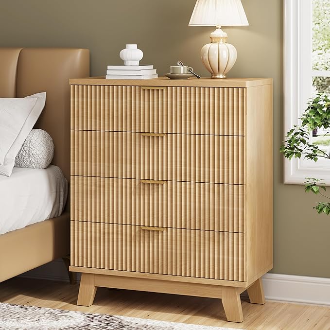 Fluted Nightstand, 31.5" Wide Side Table with 4 Large Storage Drawers, Mid Century Modern Wood Night Stand with Metal Handle, Wooden Bedside End Table for Bedroom, Living Room, Closet, Natural Oak