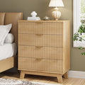 Fluted Nightstand, 31.5" Wide Side Table with 4 Large Storage Drawers, Mid Century Modern Wood Night Stand with Metal Handle, Wooden Bedside End Table for Bedroom, Living Room, Closet, Natural Oak