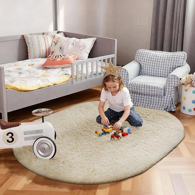 Ophanie 4x6 Oval Ivory Rugs for Bedroom Living Room, Fluffy Fuzzy Furry Carpet, Plush Soft Shaggy Bedside Indoor Floor Area Rug for Kids Girls Boys Baby Teen Dorm Nursery Home Decor Aesthetic