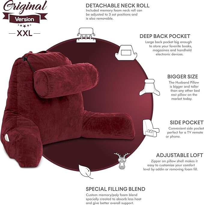 Husband Pillow XXL – Reading Pillow Bed Chair with Arms & Back Support – Maroon - Back Pillow for Beds Sitting Up – Bed Rest Arm Pillow – Comfy Reading Pillow for Adults