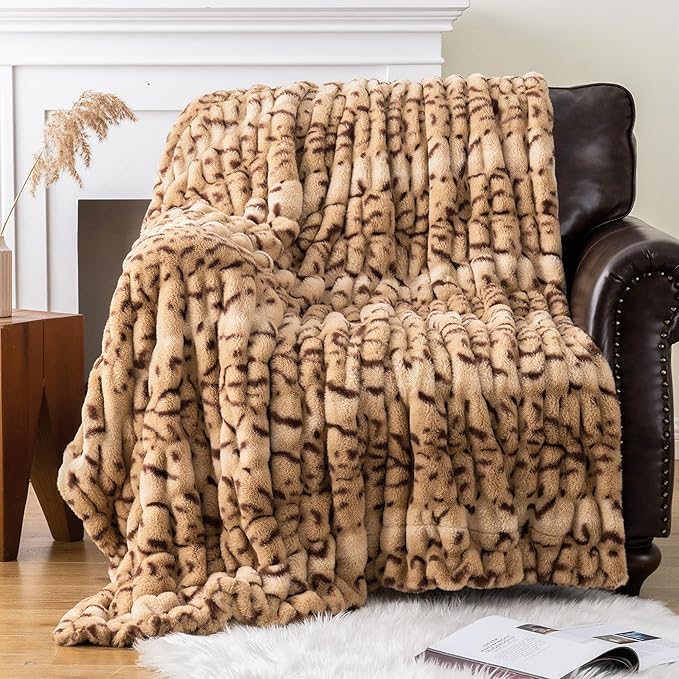 BATTILO HOME Luxury Ruched Faux Fur Throw Blanket Leopard Print, Double Side Soft Warm Rabbit Fur Blanket for Bed, Couch, Fall Throw Blanket for Home Decor, Large Cozy Mink Blanket 60"x80"
