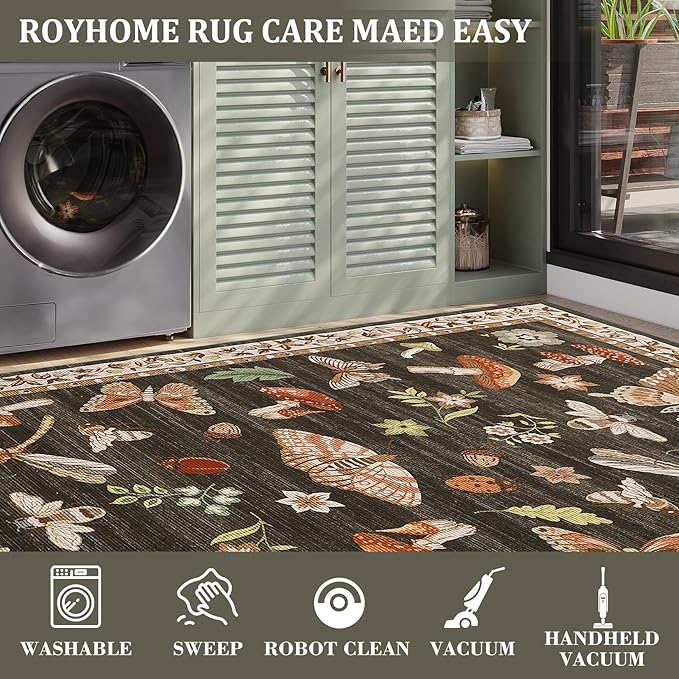 Mushroom Insect 7ft Round Rug Washable Non-Slip Soft Ultra-Thin Large Boho Circle Carpet for Entryway Kitchen Bedroom Nursery Dining Room Brown