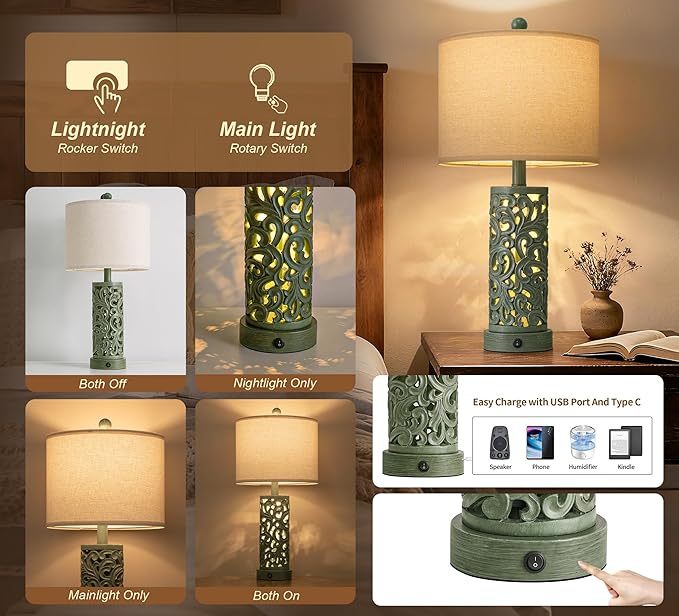 OYEARS 22'' Table Lamp Set of 2 for Living Room, Farmhouse Lamp for Bedroom, Vintage Bedside Lamps with Retro Design and USB Ports, Linen Shade for Home Office (Bulb Included, Green)