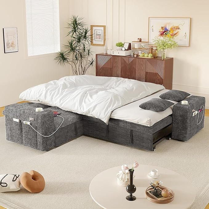 Modular Sectional Sleeper Sofa with Pull Out Bed, L Shaped 5 Seat Sectional Couches for Living Room, 84 Inch Sofa Bed with Adjustable Backrest | Hidden Storage | Wide Armrest | Grey