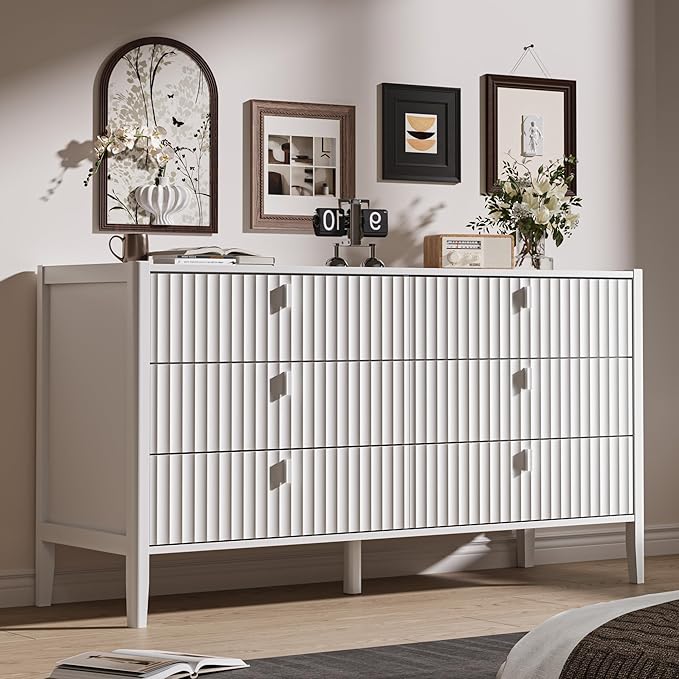 Fluted 6 Drawer Dresser for Bedroom, 55.1" Wide Modern Chest of Drawers with Solid Wood Legs, Versatile Storage Cabinet for Living Room, Office, Hallway, White