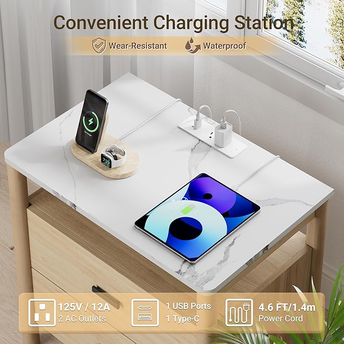 FavourLife Night Stand Set 2, 23" Nightstands Set of 2, Modern Nightstand with Charging Station & Faux Marble Top, 2 Drawer End Table with Solid Round Post Legs, Bedside Table for Bedroom, Natural Oak