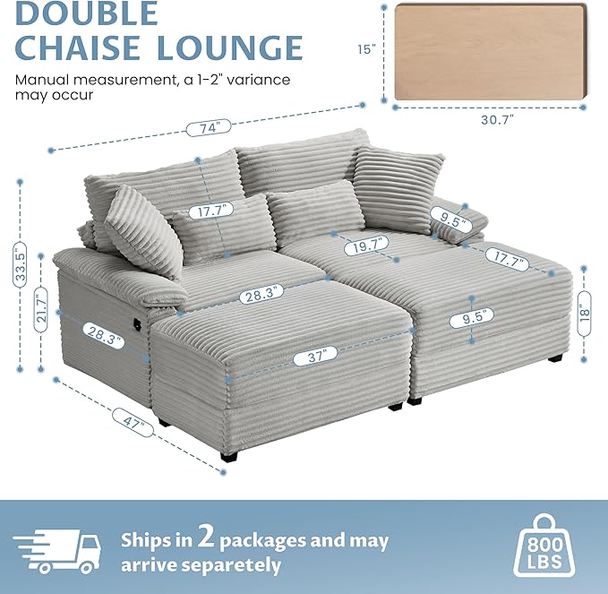 SUNWAVE 74" Double Chaise Lounge Chair Indoor, Oversized Loveseat with Removeable Ottoman, Corduroy Couch with USB Charging, Storage Ottoman, and Coffee Table Cushions for Living Room (2 Chaise Gray)