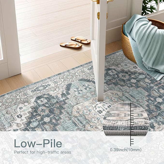 8x10 Vintage Washable Area Rug for Living Room,Low Pile Non Slip Carpet Non-Shedding Large Area Rug Soft Indoor Stain Resistant Rug Boho Print Mat for Bedroom Dining Room Blue Beige Multi