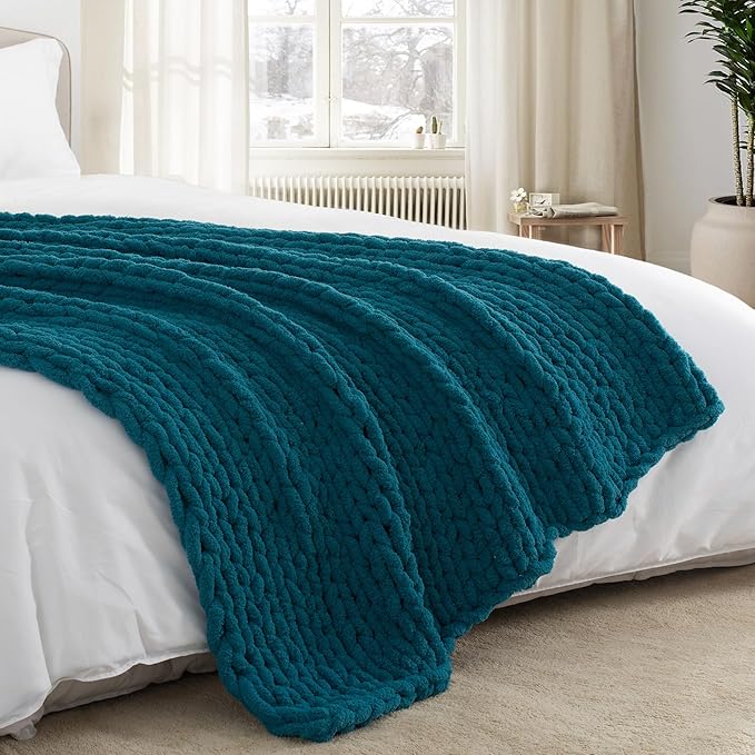 Chunky Knit Throw Blanket 60"X 80", 100% Handmade with Soft Chenille Yarn, 6.7lbs Thick Cable Knitted Blankets, Large Rope Knot Crochet Throws for Couch Sofa Bed Home Decor, Mineral Blue