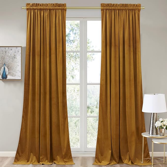 StangH Mustard Gold Velvet Curtains - Vintage High Ceiling Tall Drapes for Sliding Door/Villa, Thermal Insulated Privacy Panels for Living Room/Kids Room, W52 x L108, 2 Panels