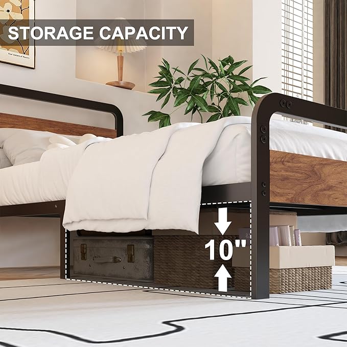 12 Inch Twin XL Bed Frames with Wooden Headboard and Footboard, No Box Spring Needed, Heavy Duty Metal Mattress Foundation, Noise Free, Easy Assembly, Black