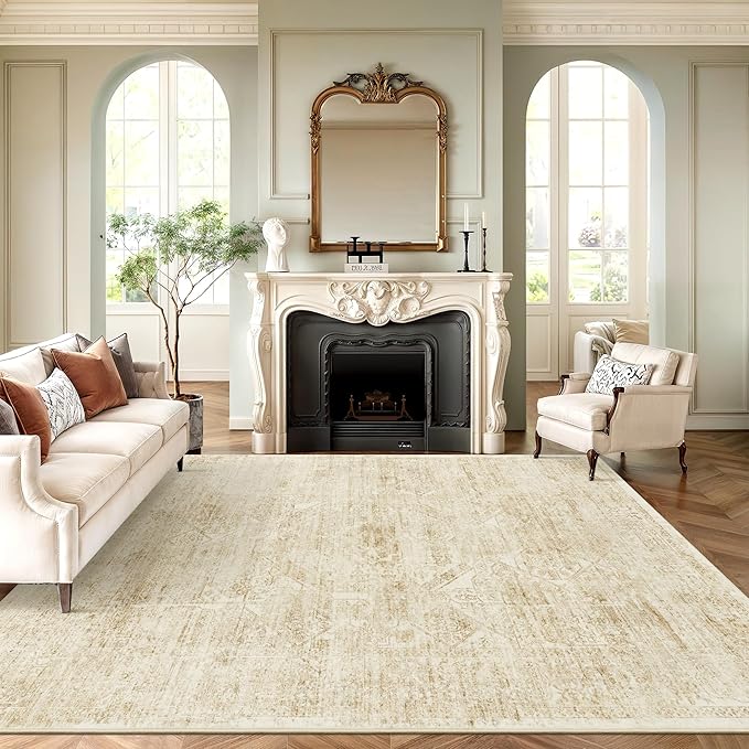 Washable Area Rug 8x10, Large Soft Rugs for Living Room Vintage Beige 8x10 Area Rugs for Bedroom Dining Room Floral Non-Slip Thin Rug