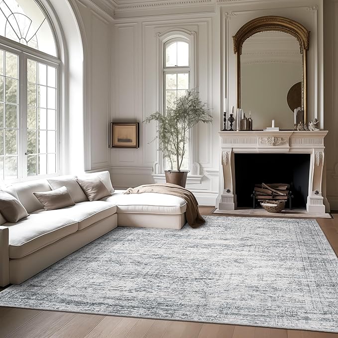 Area Rugs 4x6 for Living Room, Vintage Washable Rugs for Dining Room, Kitchen, Non-Slip Area Rug Grey