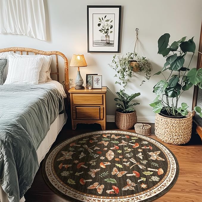 Mushroom Insect 8ft Round Rug Washable Non-Slip Soft Ultra-Thin Large Boho Circle Carpet for Entryway Kitchen Bedroom Nursery Dining Room Brown