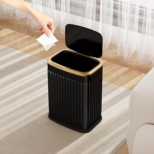 TIPGO Bathroom Trash Can with Lid, 2.1 Gallon / 8 Liter Small Garbage Can, Press Top Bin, Stainless Steel Wastebasket with Pop-Up Lid for Bedroom, Living Room, Office (Black)