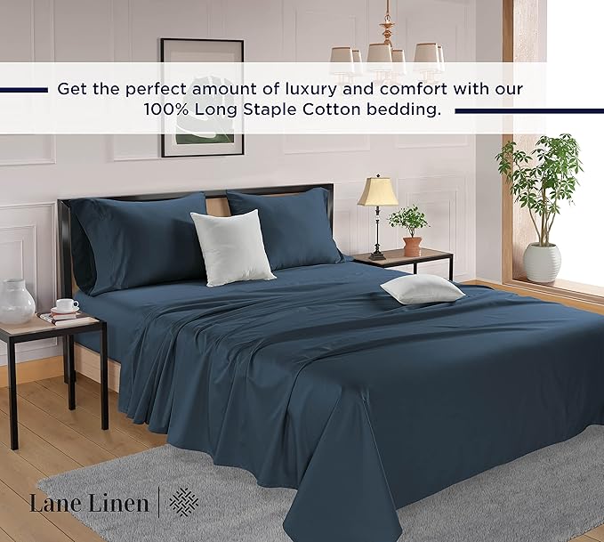 LANE LINEN 100% Cotton 600 Thread Count Twin XL Bed Sheets Set - Fully Elasticized, Cotton Sheets Twin XL Size Bed Set - Soft & Comfy Perfect for Dorm Room, Luxury Hotel Style Sheet - Dark Denim