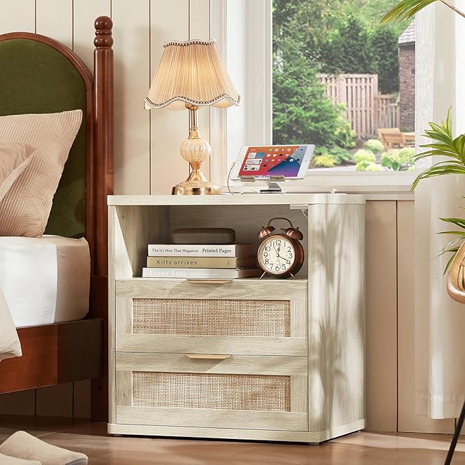LEYAOYAO Rattan Dresser and Nightstand Set of 2, Boho Wood Dresser for Bedroom with 6 Drawers and Night Stand with Charging Station, Bedroom Furniture, Dressers & Chests of Drawers,Living Room,Hallway