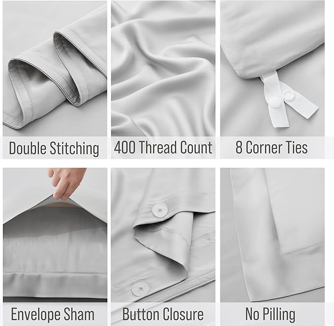 Bella Coterie Luxury Bamboo Viscose King Size Duvet Cover Set | 100% Organically Grown | Corner Ties | Ultra Soft | Cooling | Two Pillow Shams | 106 x 94 | No Insert [Grey Mist]
